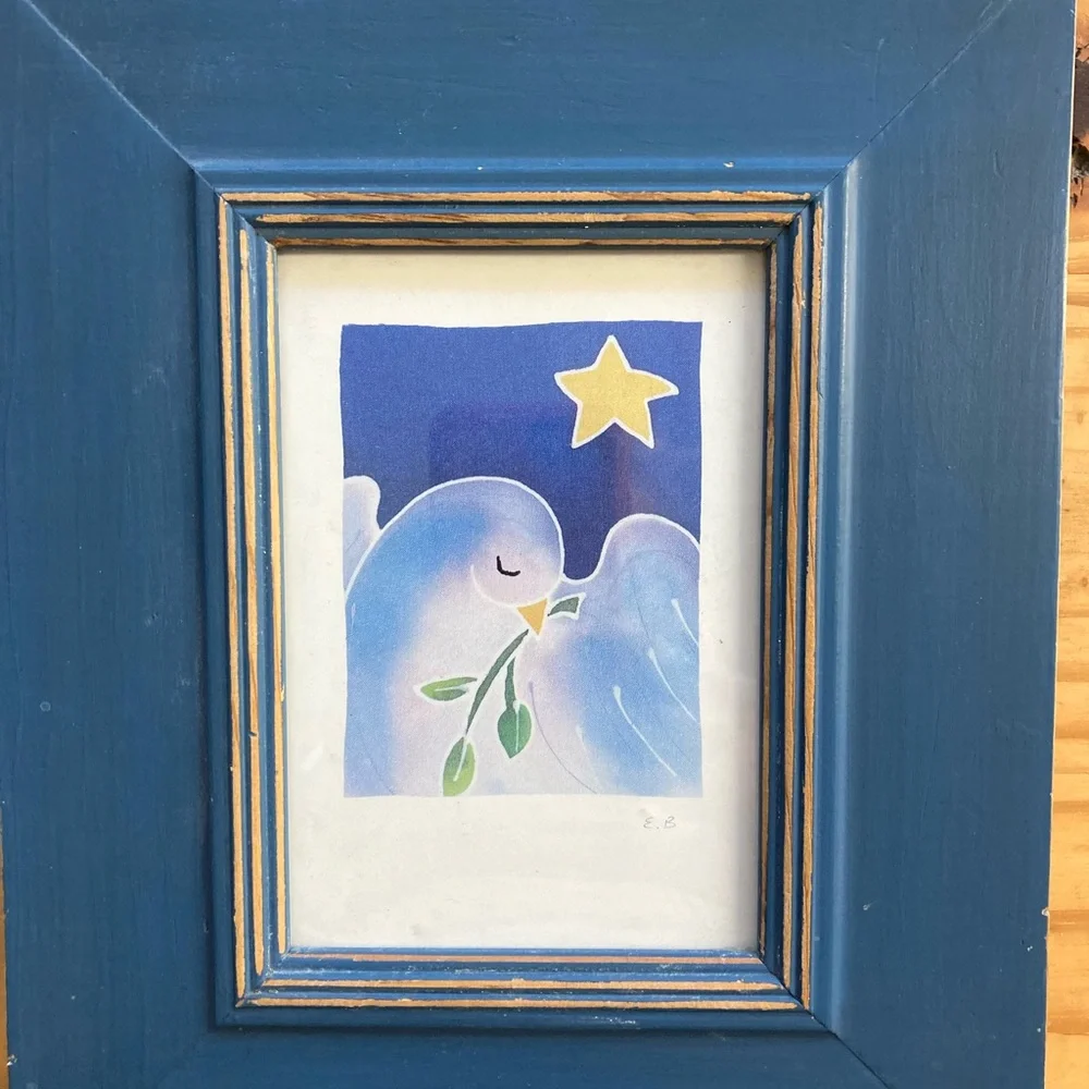Beautiful Peace Dove Framed Card 10x8” Blue Wood Frame
